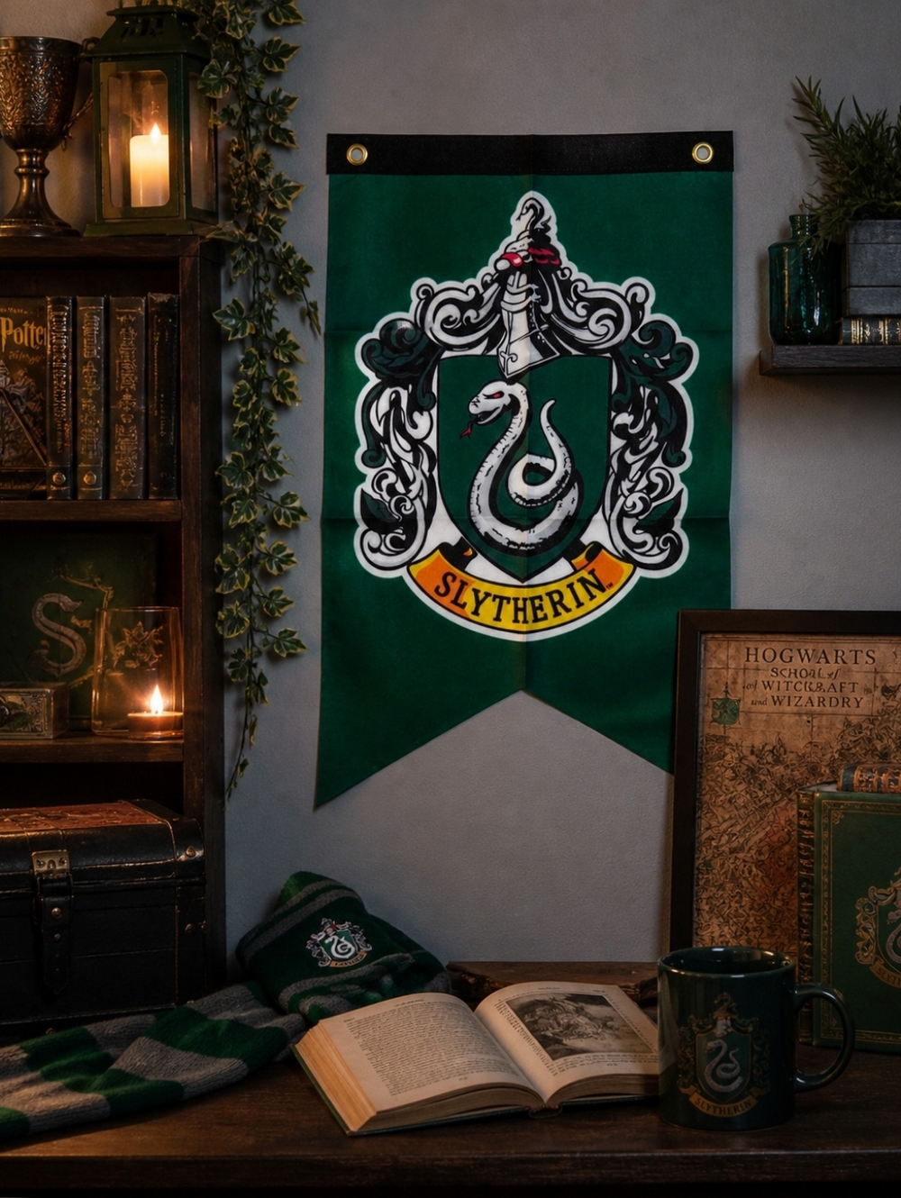 Harry Potter Slytherin Banner Wall Hanging Flag Green Crest 12x18 New